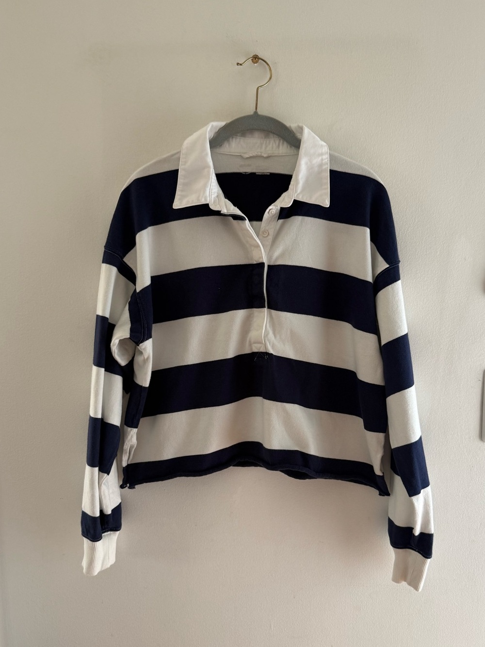 aerie Navy and White Cropped Striped Rugby Pullover S